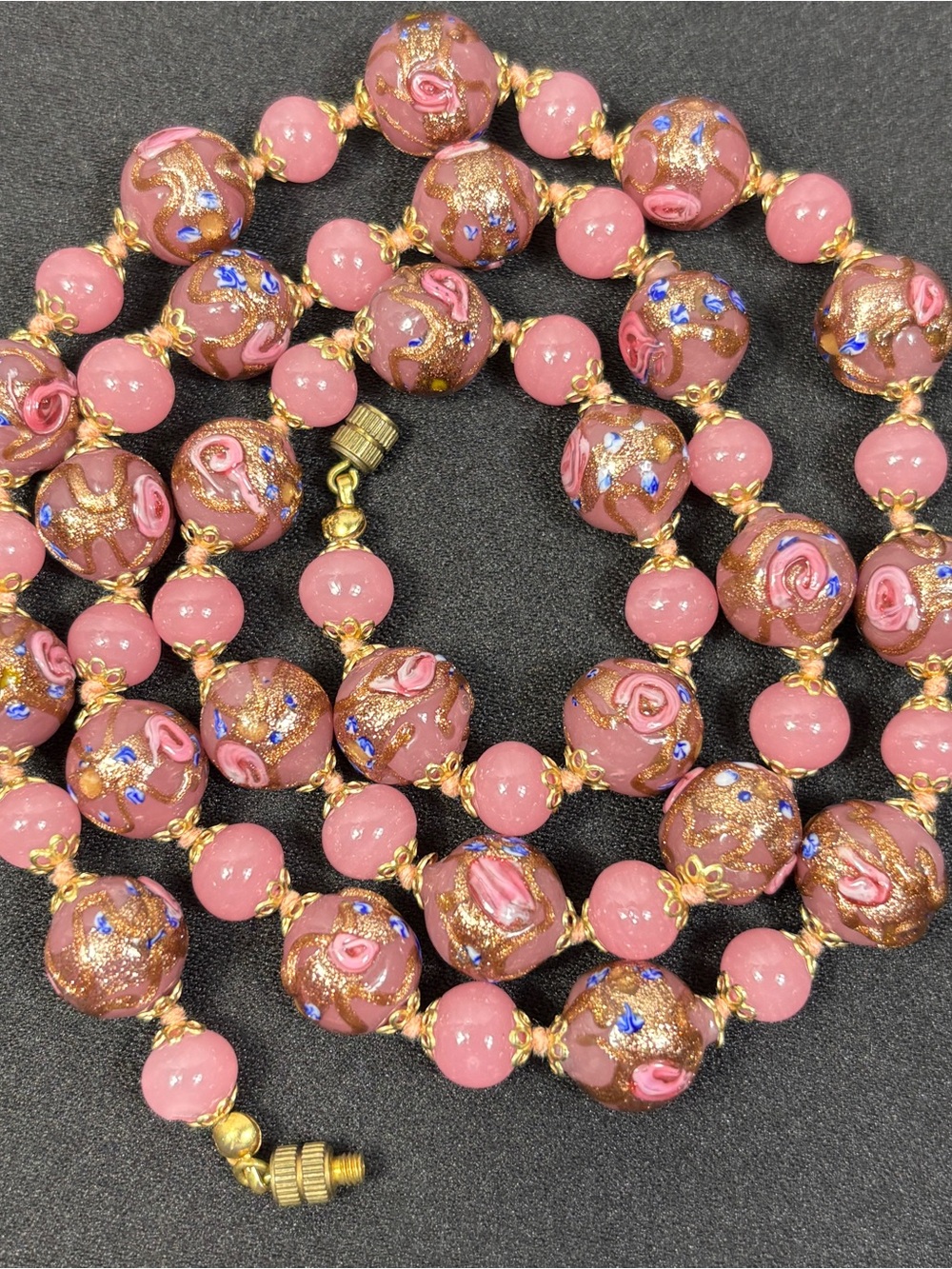 Murano Wedding Cake Beads Pink Blue White Gold Pink Quartz 27" Long Knotted